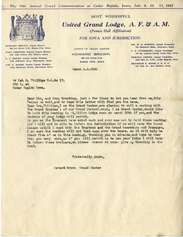 Written on letterhead from United Grand Lodge, Officec of Grand Master.
