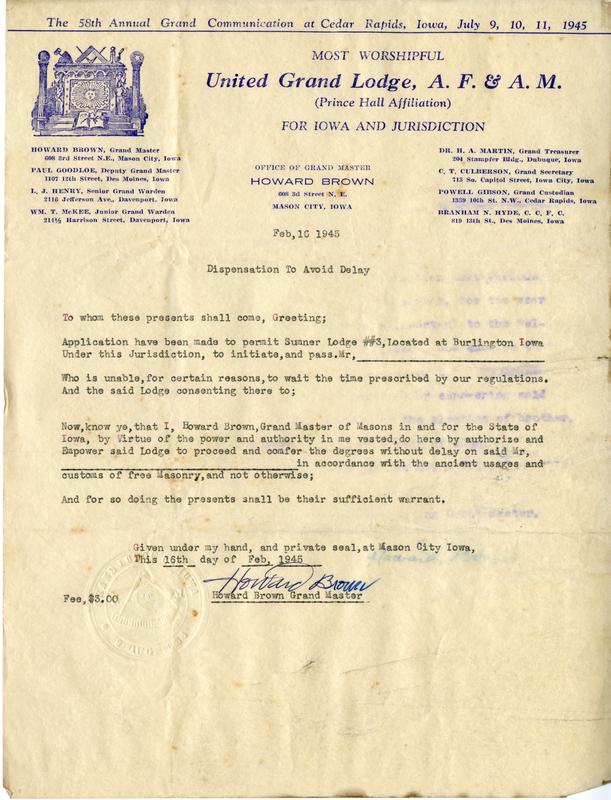 Written on letterhead from United Grand Lodge, Officec of Grand Master.
