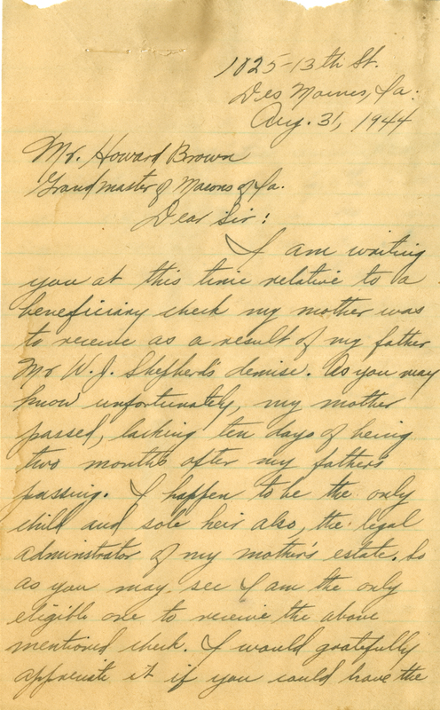 Correspondence Between Alfred H. Shepherd And Grand Master Howard Brown