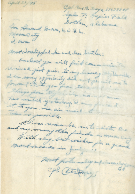 Mays includes his rank, corporal (cpl.) and military serial number, 37679848.