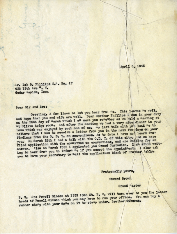 Correspondence Between Ish D. Phillips And Grand Master Howard Brown