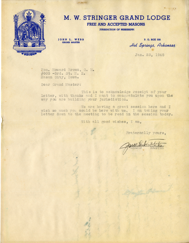Written on letterhead from M. W. Stringer Grand Lodge, Free and Accepted Masons, Jurisdiction of Mississippi.