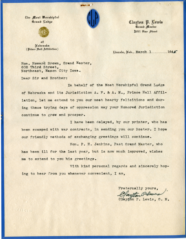Written on letterhead from Most Worshipful Grand Lodge of Nebraska.