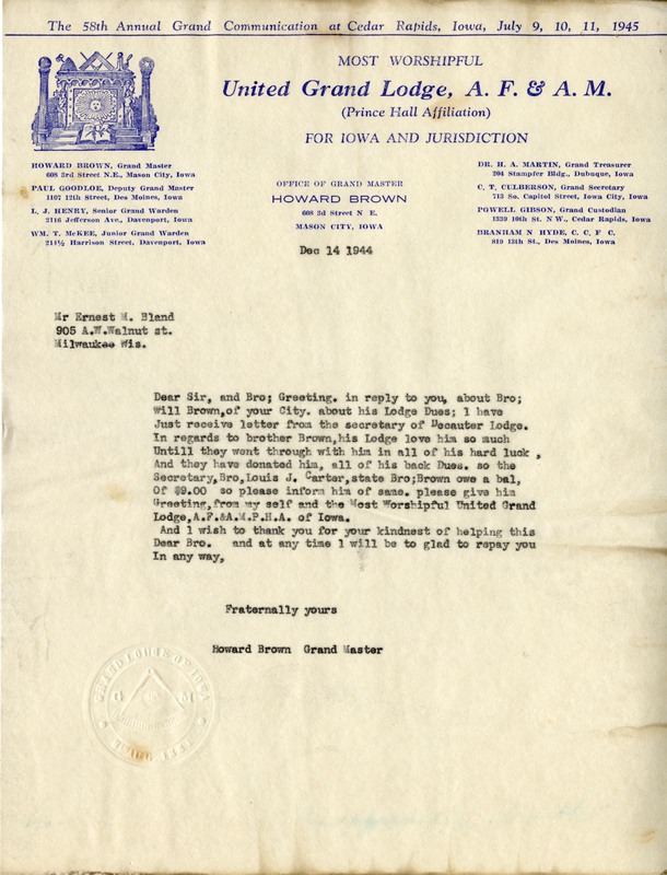 Written on letterhead from United Grand Lodge, Office of Grand Master.