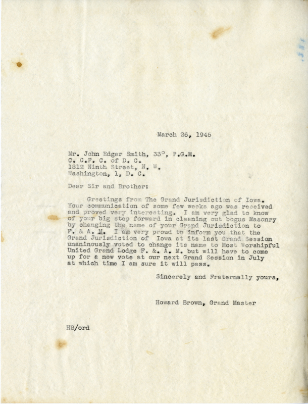 Correspondence Between John Edgar Smith And Grand Master Howard Brown