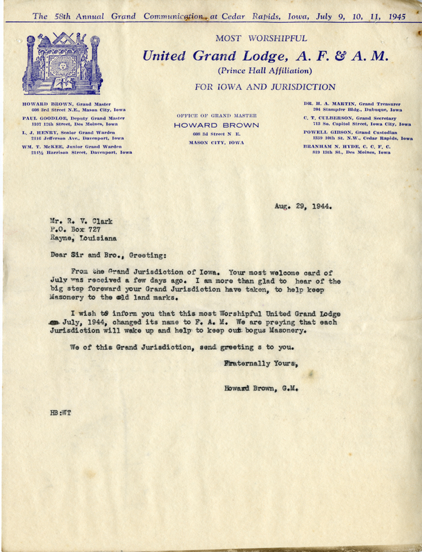 Written on letterhead from United Grand Lodge, Office of Grand Master