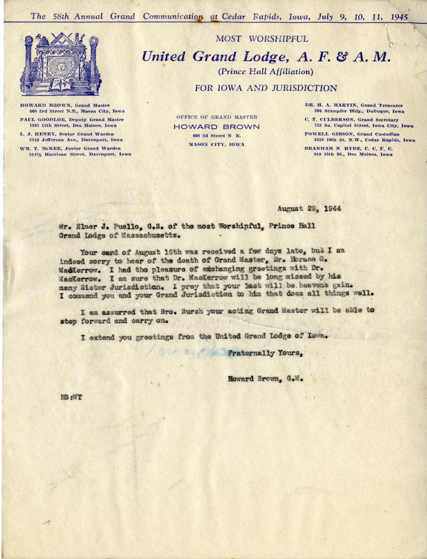Written on letterhead from United Grand Lodge, Office of Grand Master.