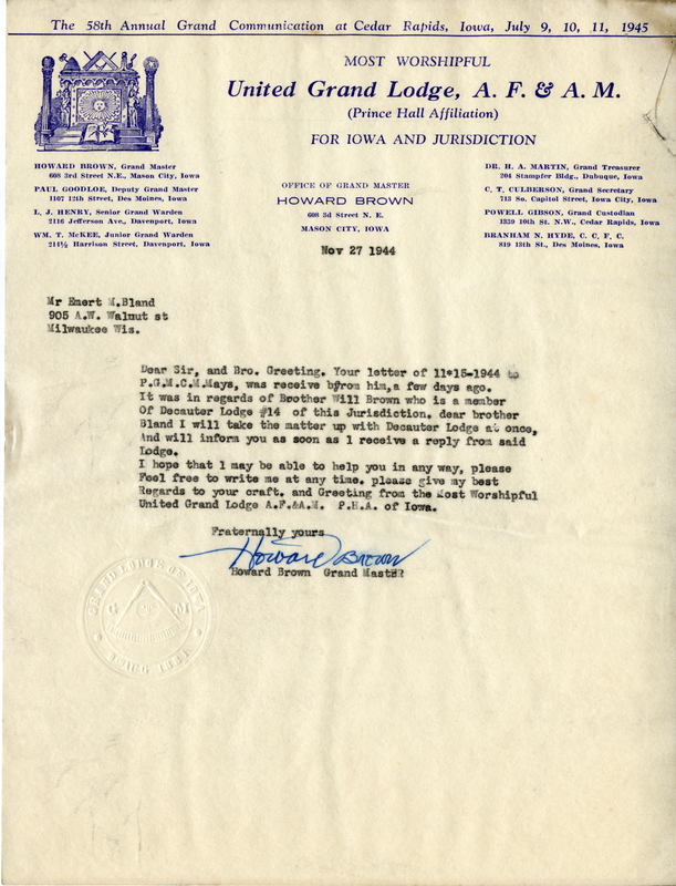 Written on letterhead from United Grand Lodge, Office of Grand Master.