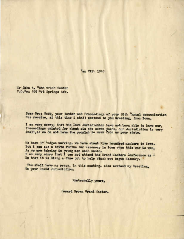 Correspondence Between John L. Webb And Grand Master Howard Brown