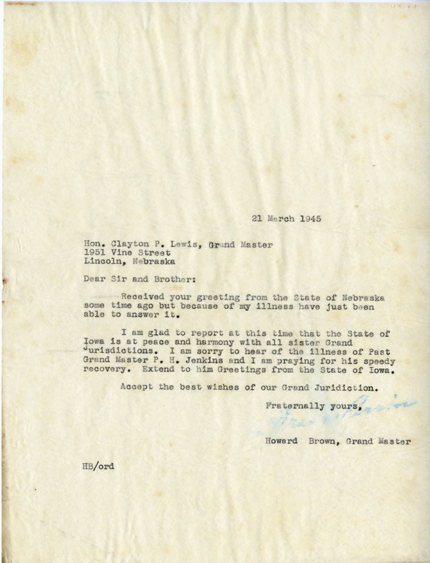 Correspondence Between Clayton P. Lewis And Grand Master Howard Brown