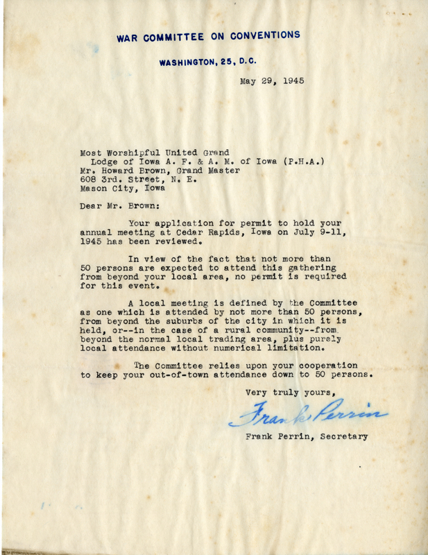 Written on letterhead from War Committee on Conventions, Washington, 25, D. C.