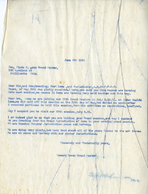 Correspondence Between Clyde E. Moss And Grand Master Howard Brown