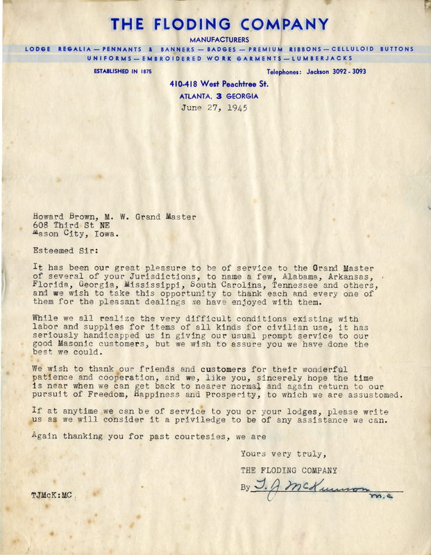 Written on letterhead from the Floding Company Manufactureres, 410-418 West Peachtree St.