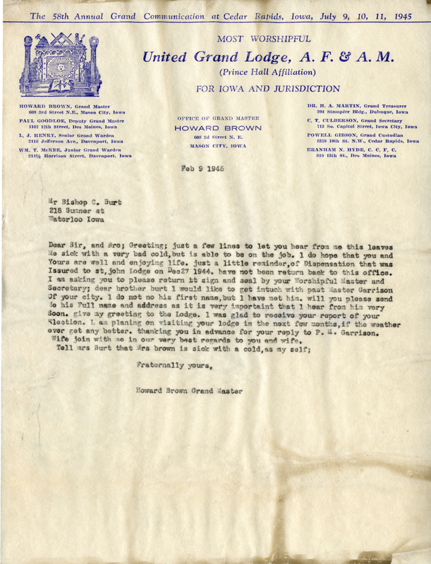Written on letterhead from United Grand Lodge, Office of Grand Master.