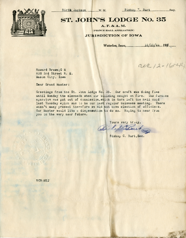Written on letterhead from St. John's lodge #35.