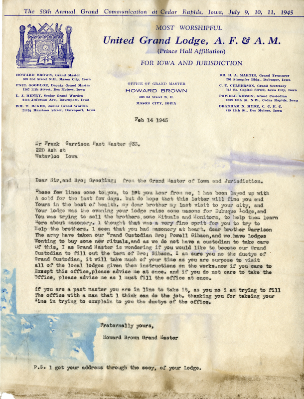 Written on letterhead from United Grand Lodge, Office of Grand Master.