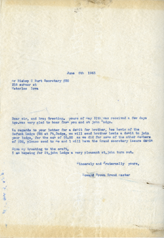 Correspondence Between Bishop C. Burt And Grand Master Howard Brown