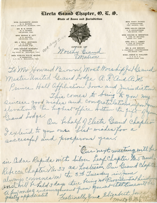 Written on letterhead from Electa Grand Chapter, Order of the Eastern Star, Office of the Worthy Grand Matron.