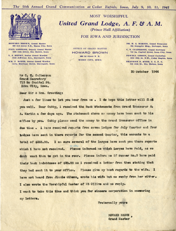 Written on letterhead from United Grand Lodge, Office of Grand Master.