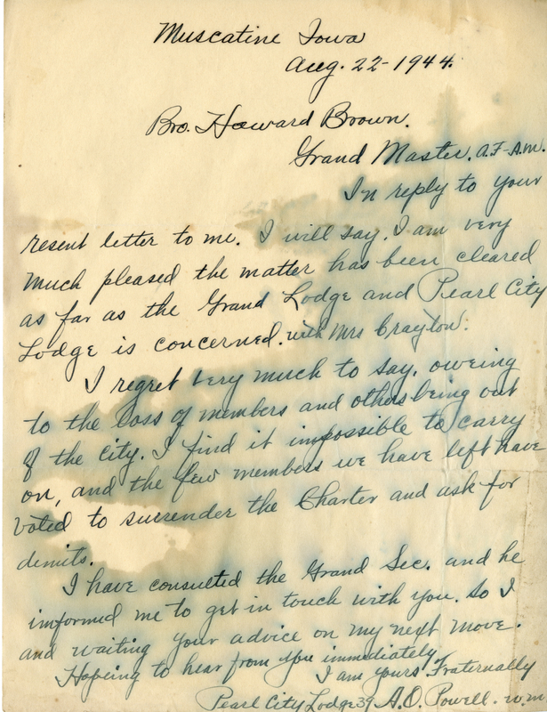 Correspondence Between A. D. Powell And Grand Master Howard Brown