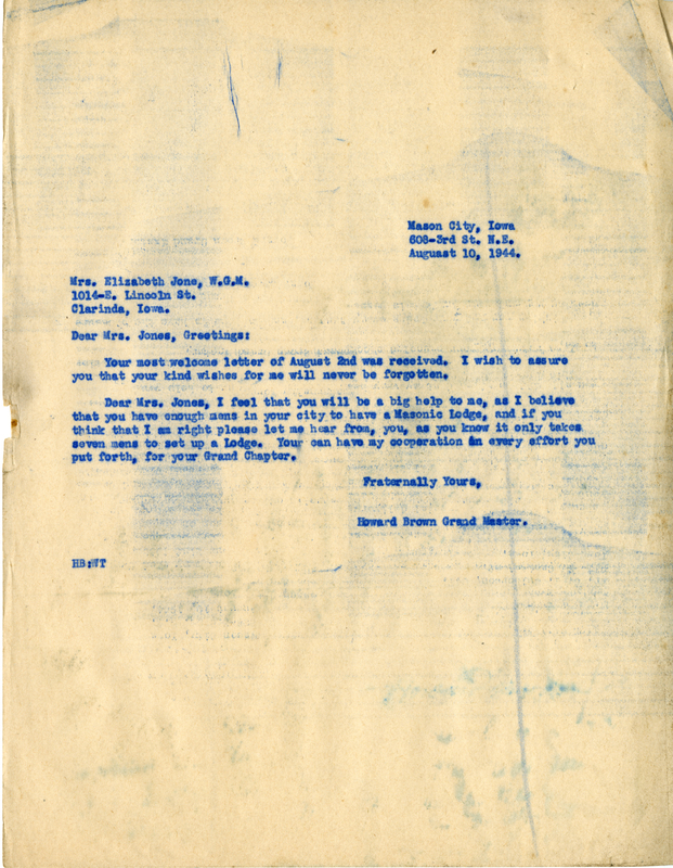 Correspondence Between Matron Elizabeth Jones And Grand Master Howard Brown