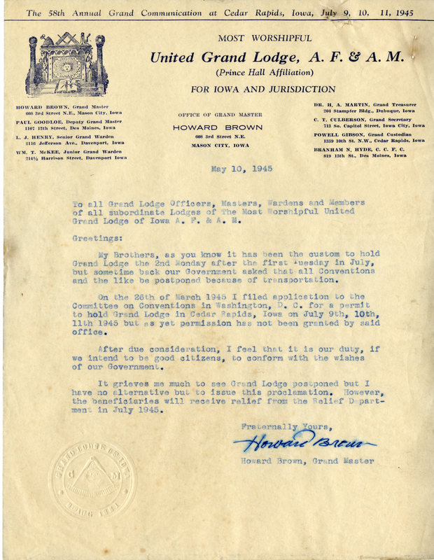 Written on letterhead from United Grand Lodge, Office of Grand Master.