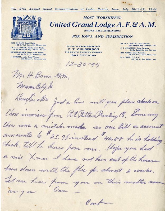 Written on letterhead from United Grand Lodge, Office of Grand Secretary.
