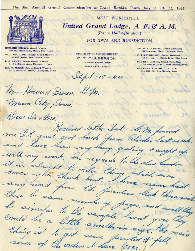 Written on letterhead from United Grand Lodge, Office of Grand Secretary.