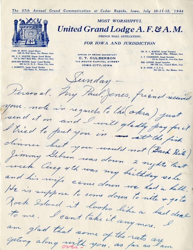 Written on letterhead from United Grand Lodge, Office of Grand Secretary. Culberson signs this letter as "Culbie."