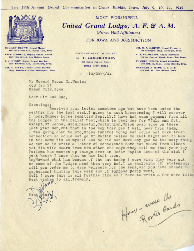 Written on letterhead from United Grand Lodge, Office of Grand Secretary.