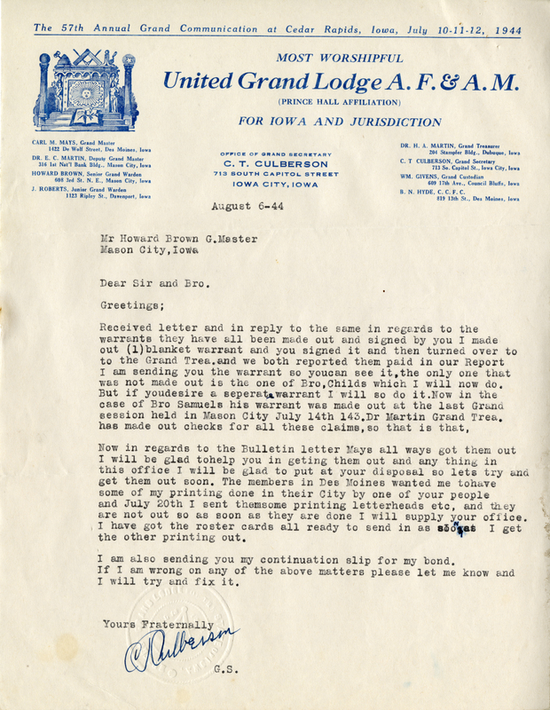 Written on letterhead from United Grand Lodge, Office of Grand Secretary.