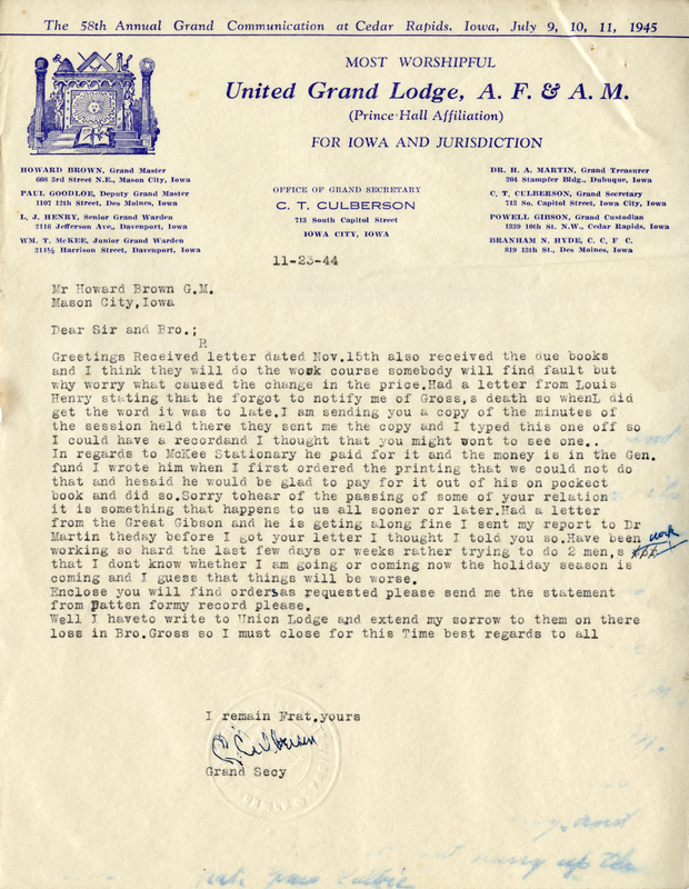 Written on letterhead from United Grand Lodge, Office of Grand Secretary.