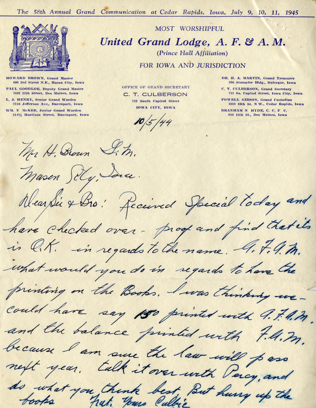 Written on letterhead from United Grand Lodge, Office of Grand Secretary.