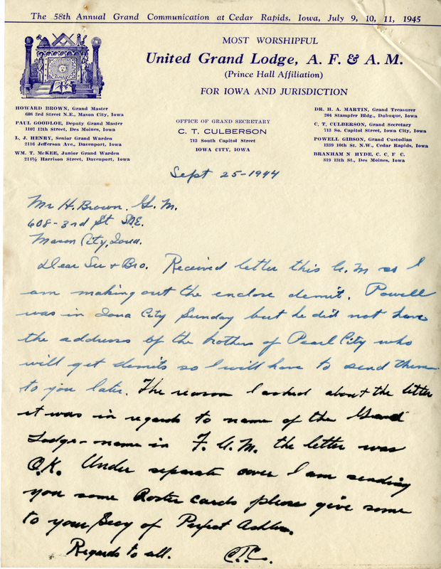 Written on letterhead from United Grand Lodge, Office of Grand Secretary.