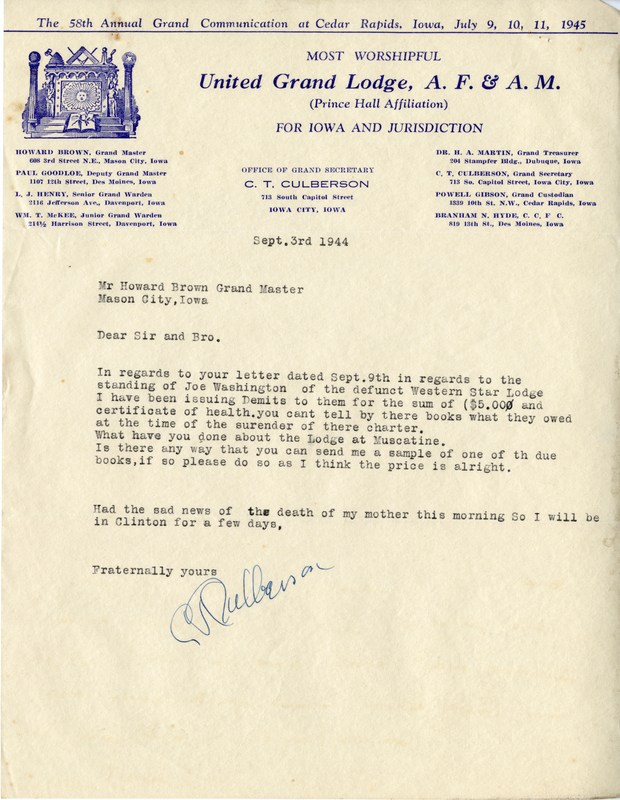 Written on letterhead from United Grand Lodge, Office of Grand Secretary.