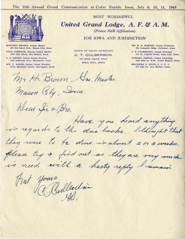 Written on letterhead from United Grand Lodge, Office of Grand Secretary.