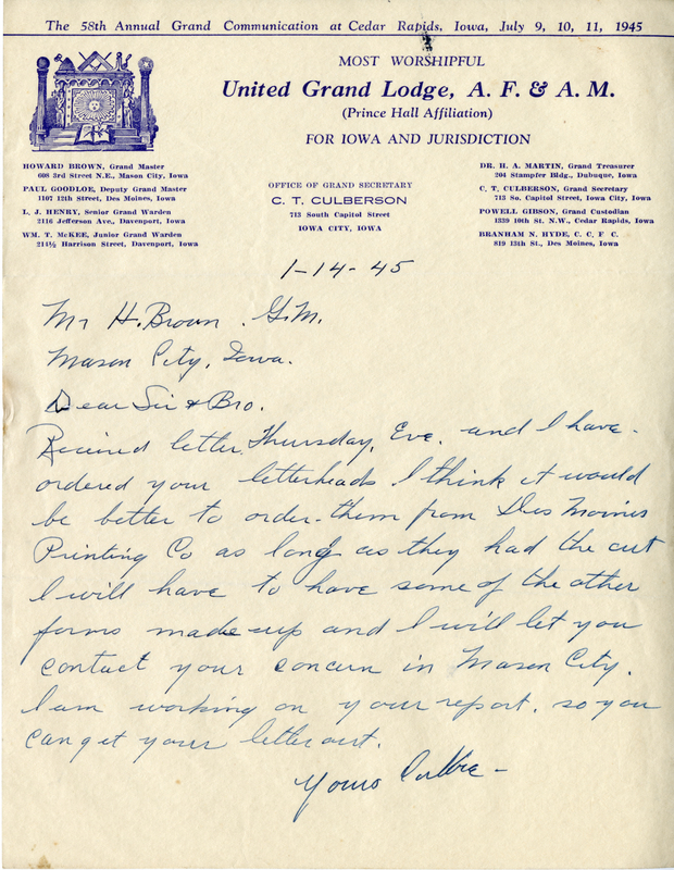Written on letterhead from United Grand Lodge, Office of Grand Secretary.