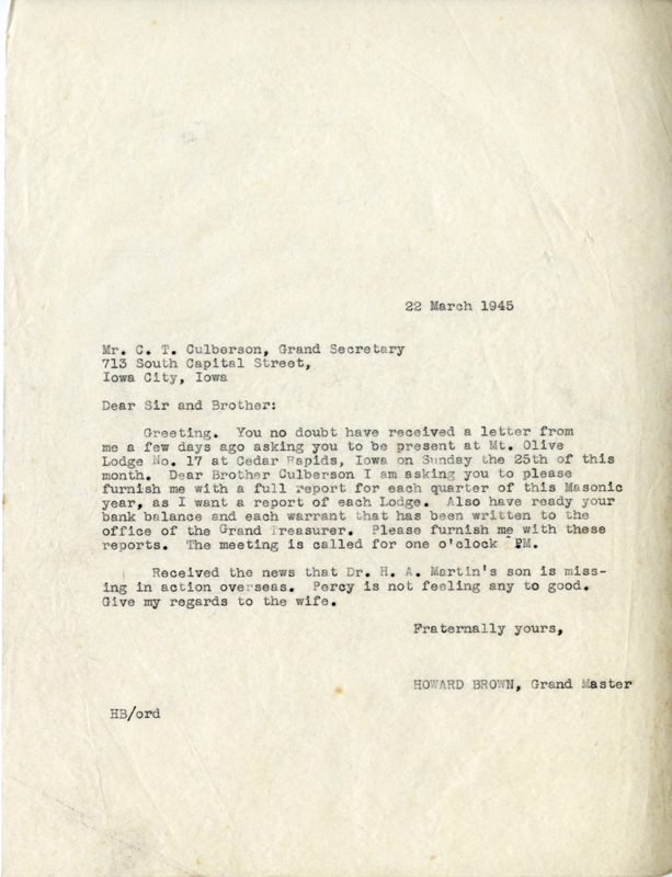 Correspondence Between C.T. Culberson And Grand Master Howard Brown