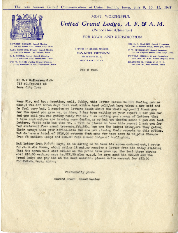 Written on letterhead from United Grand Lodge, Office of Grand Master.