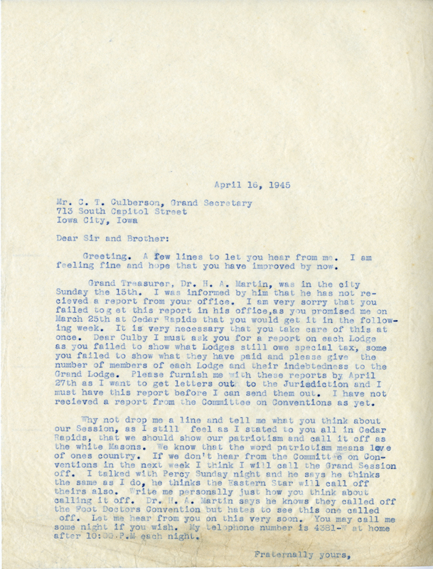 Correspondence To C. T. Culberson