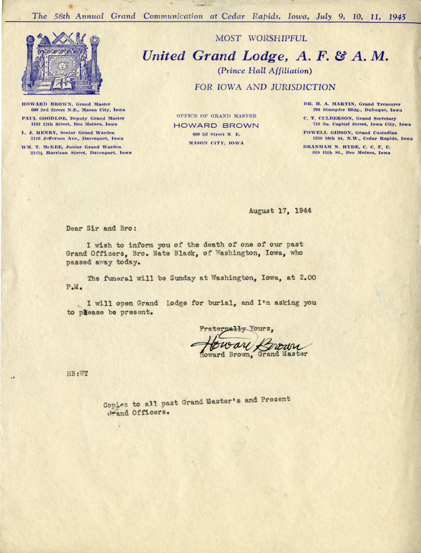 Written on letterhead from United Grand Lodge, Office of Grand Master.