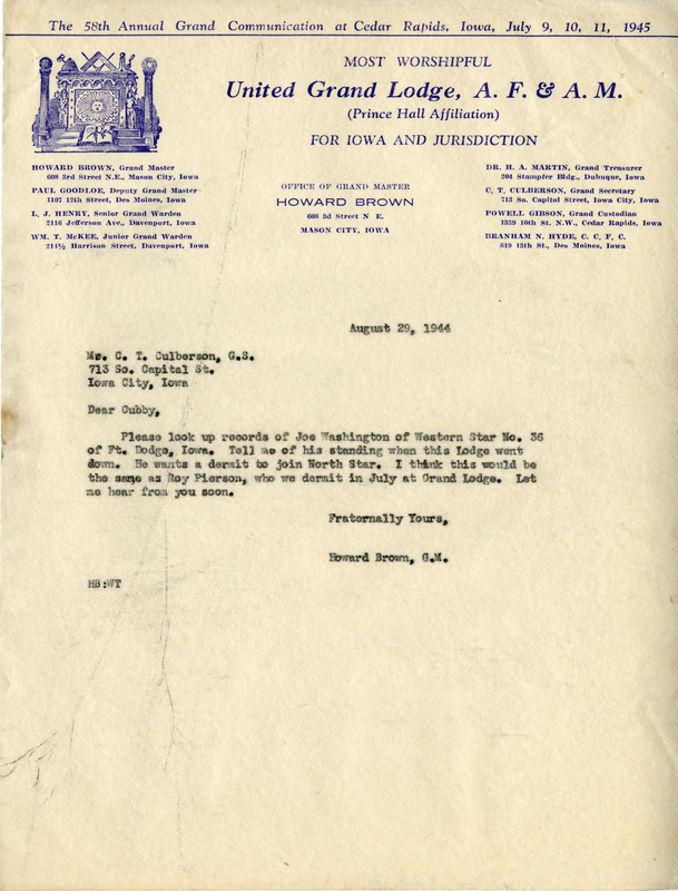 Written on letterhead from United Grand Lodge, Office of Grand Master. Brown refers to Culberson as "Cubby."