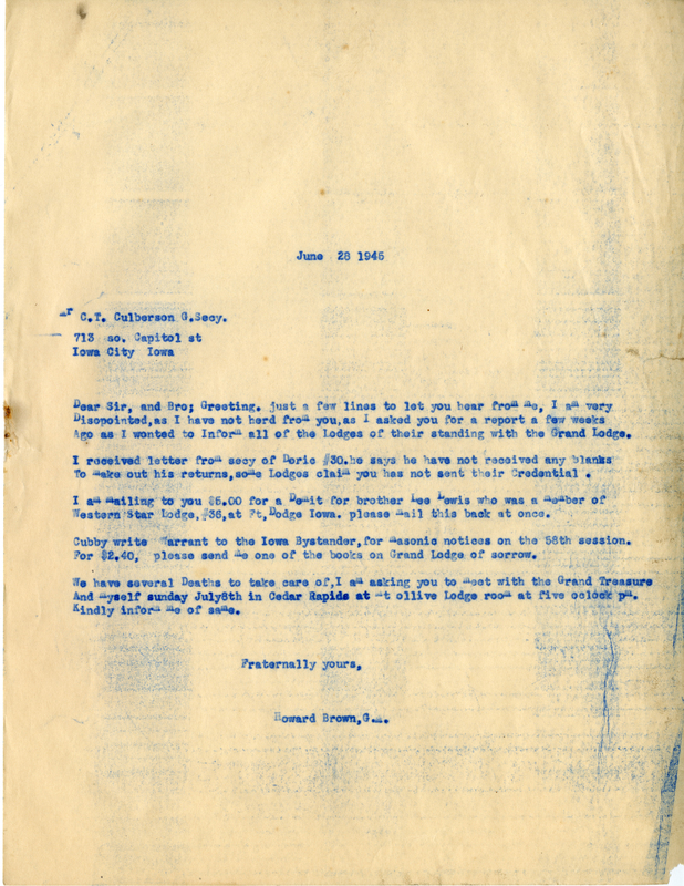 Correspondence Between C.T. Culberson And Grand Master Howard Brown
