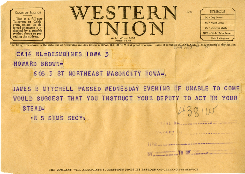 Informing Brown of the passing of James B. Mitchell.