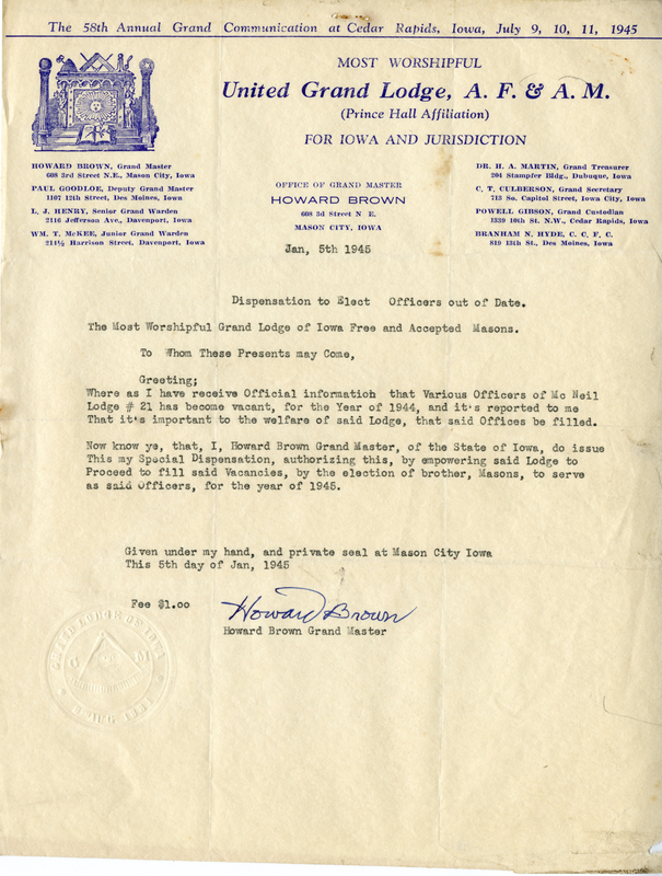Written on letterhead from United Grand Lodge, Office of Grand Master. Made for McNeil lodge #21.