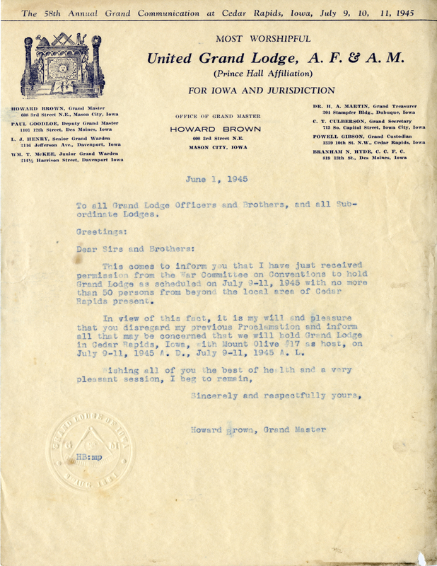 Written on letterhead from United Grand Lodge, Office of Grand Master.