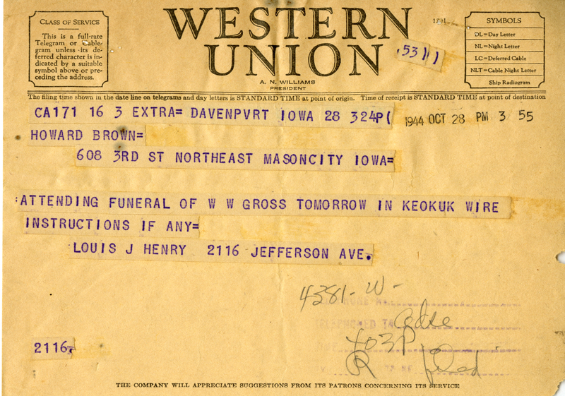 Informing Brown of the funeral for W.W. Gross.