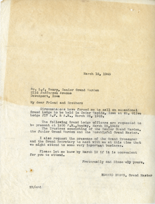 Correspondence Between L. J. Henry And Grand Master Howard Brown