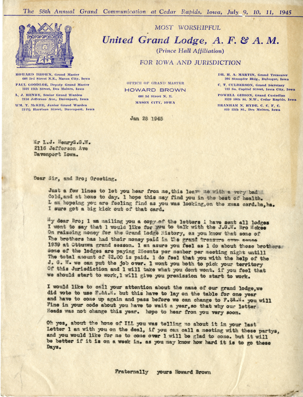 Written on letterhead from United Grand Lodge, Office of Grand Master.