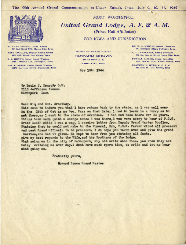 Written on letterhead from United Grand Lodge, Office of Grand Master.